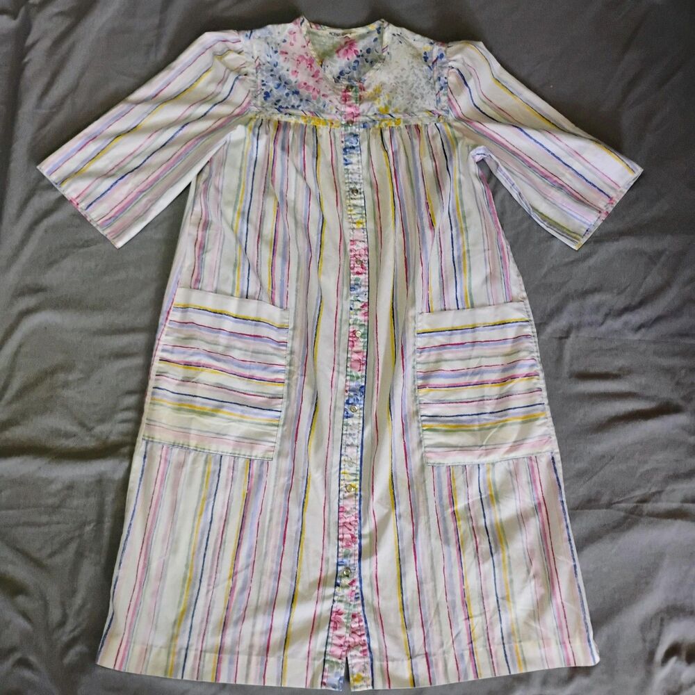 Models Coat Nightgown Robe Womens M/L White Kimono Striped Flower 3/4 Sleeve - Picture 5 of 16